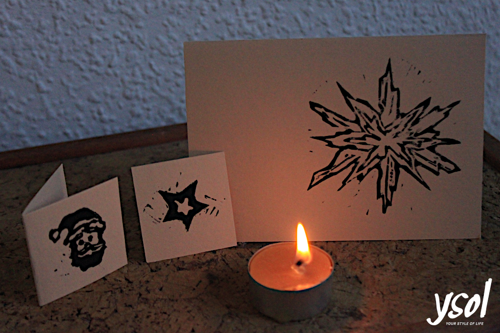 Handmade postcard made by linocut cut...